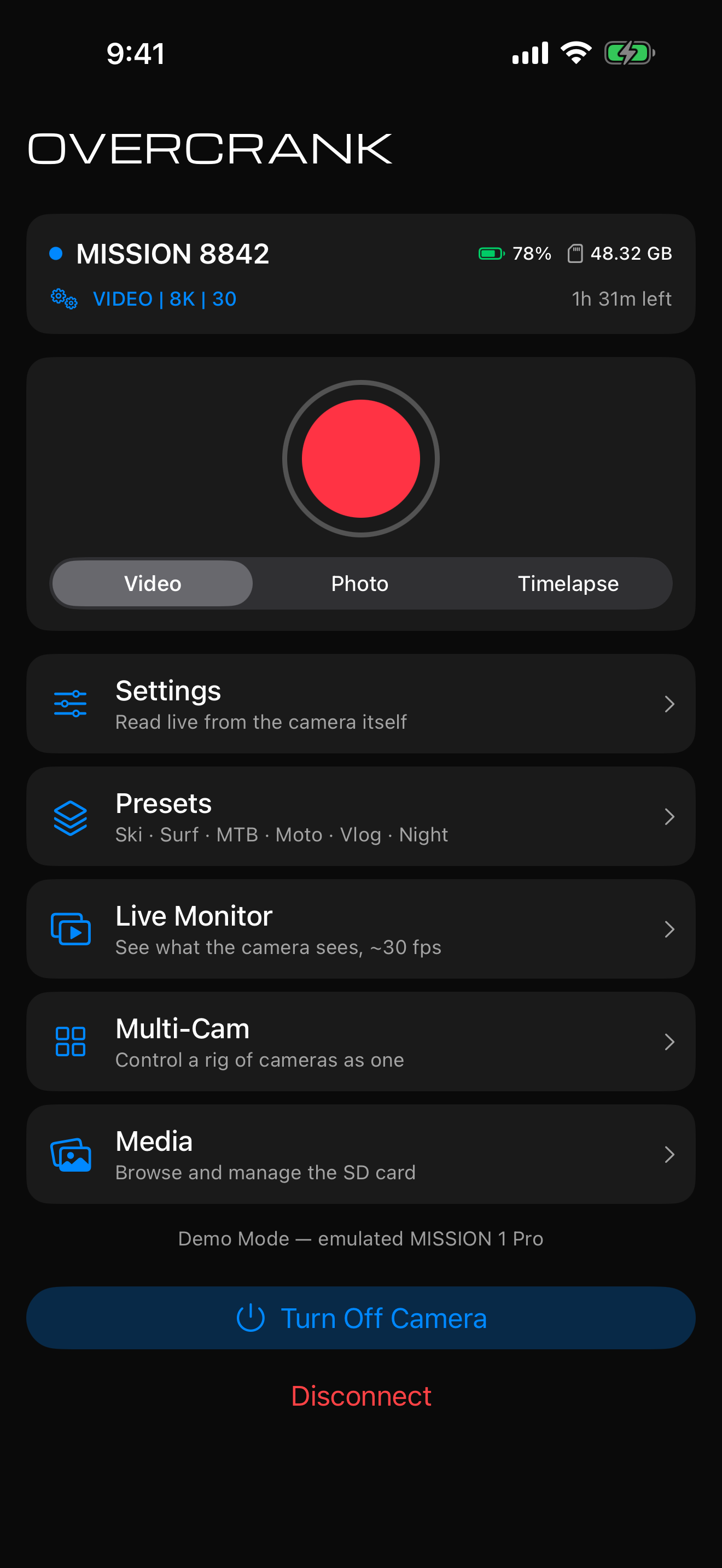 Overcrank camera dashboard and settings on iPhone